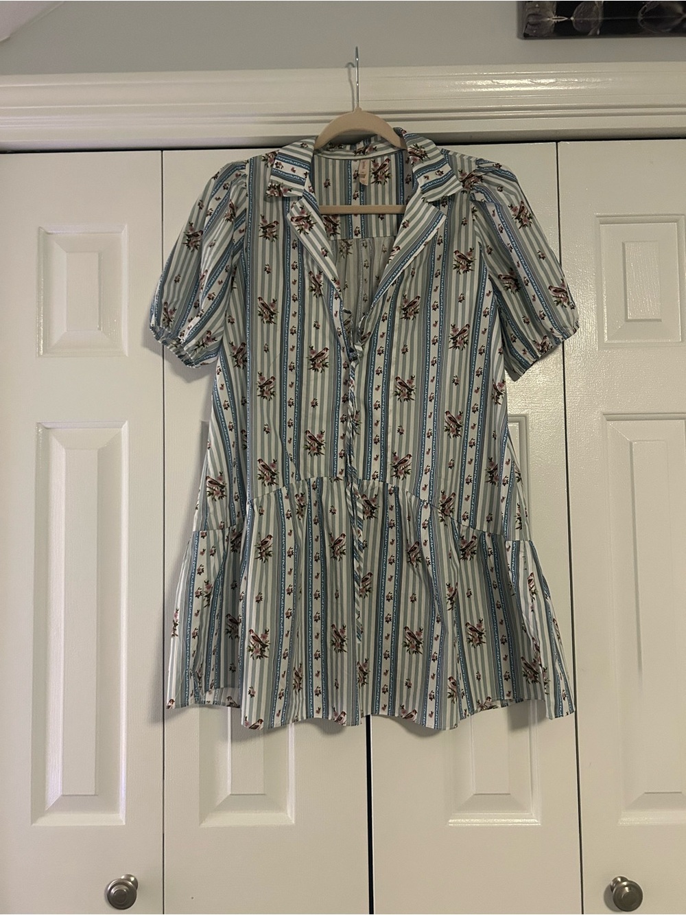 Anthropologie Lyrd Striped Blue Floral Peplum Button-Front Women's Dress